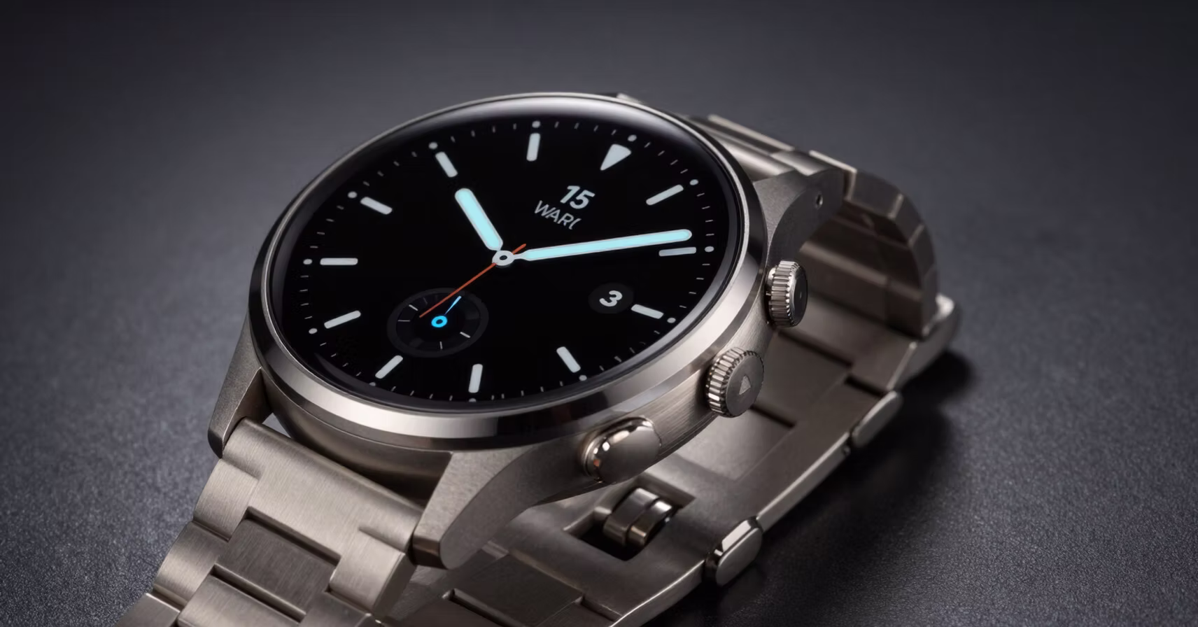 Titanium smart watch close-up on a dark surface